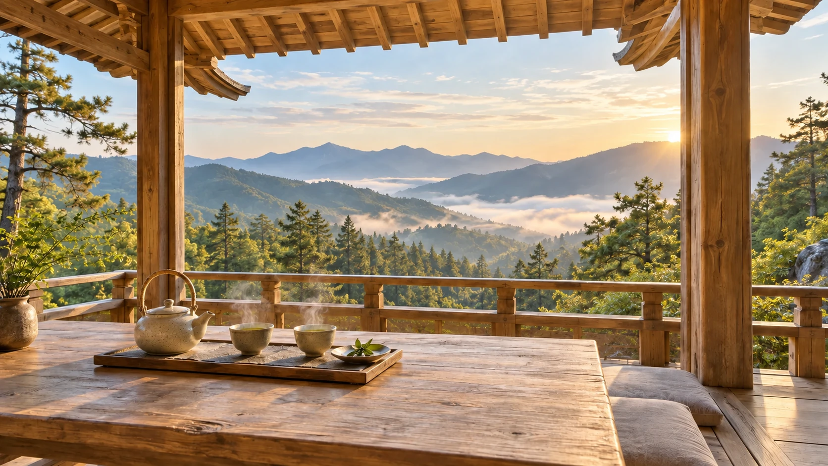 Gently steaming tea on a wooden table in an open Japanese-style pavilion overlooking forested mountains at sunrise