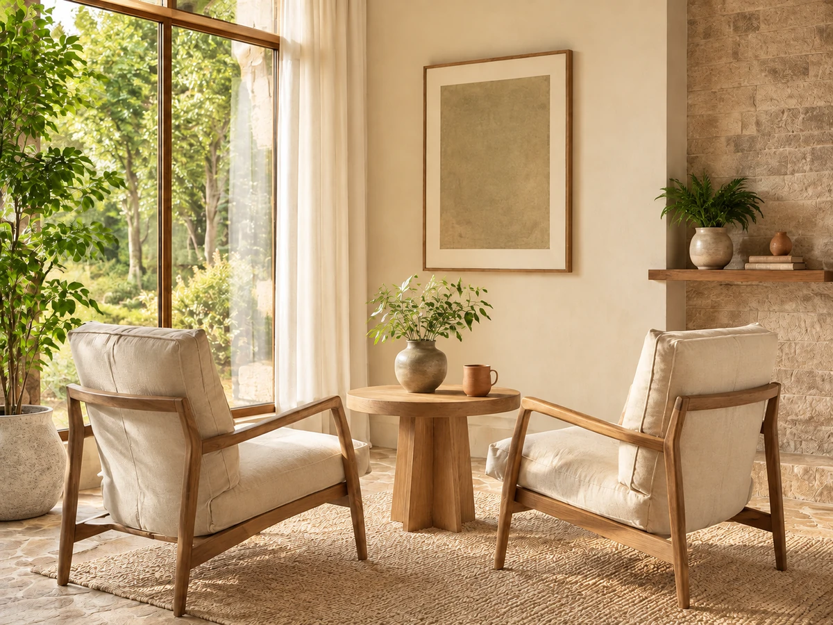 Two armchairs beside a sunlit window, ready for a conversation