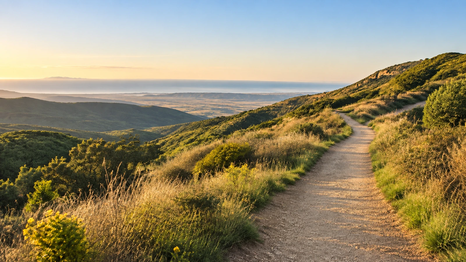 A winding hillside trail overlooking a quiet valley