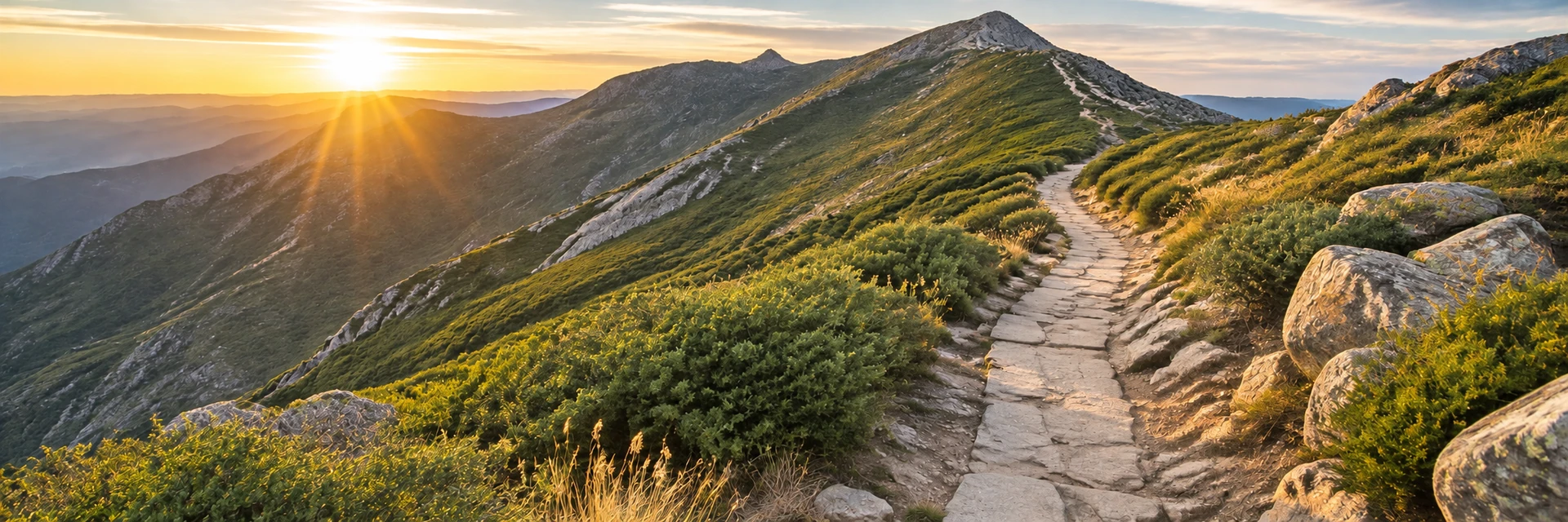 A mountain pathway leading toward sunrise