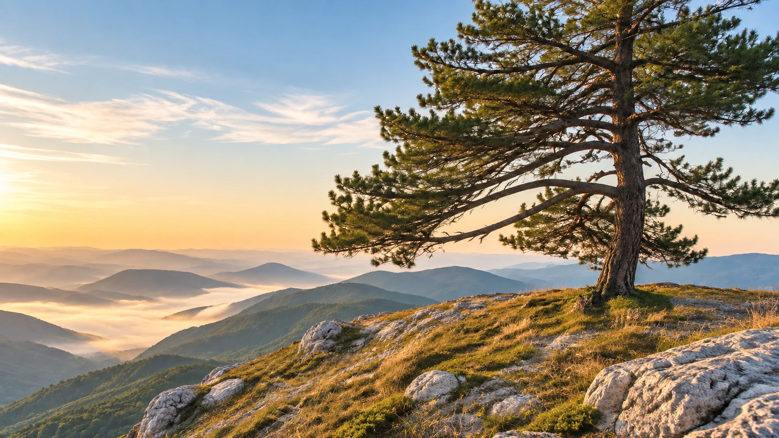 A lone pine overlooking mountain ridges at sunrise