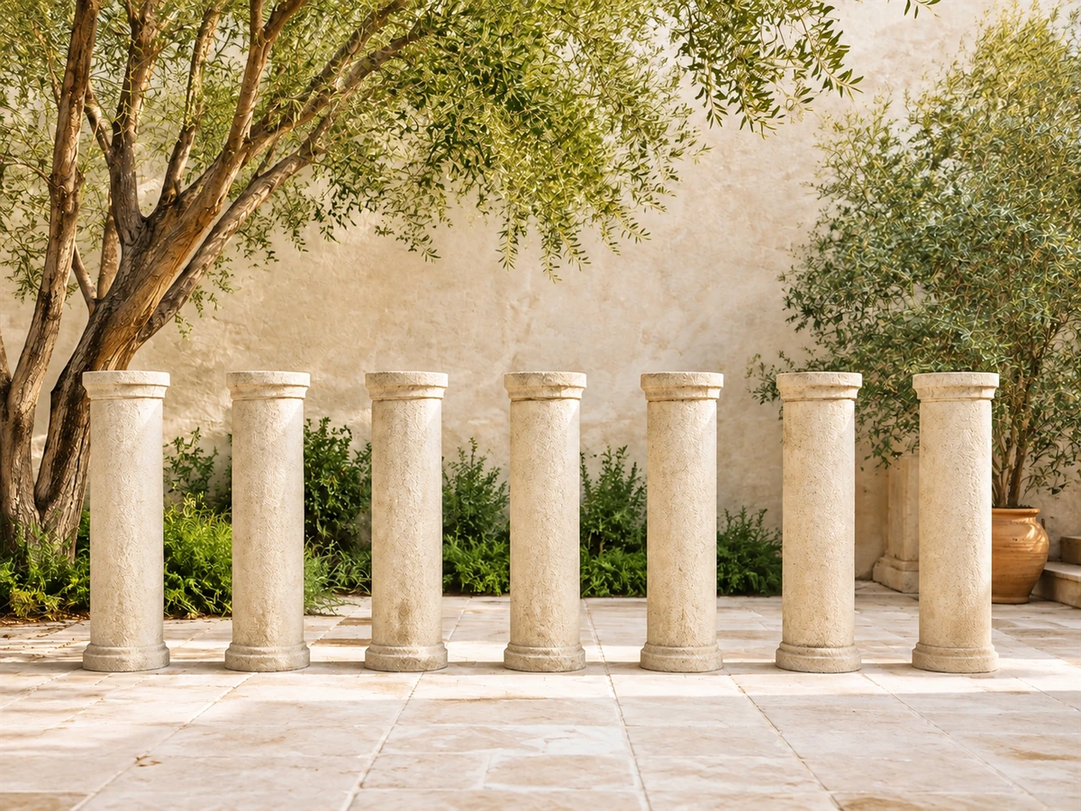 Seven stone pillars in a quiet courtyard