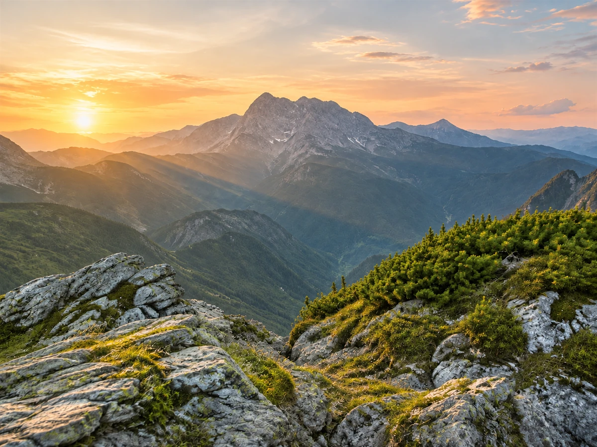 A mountain summit above layered ridges at sunrise