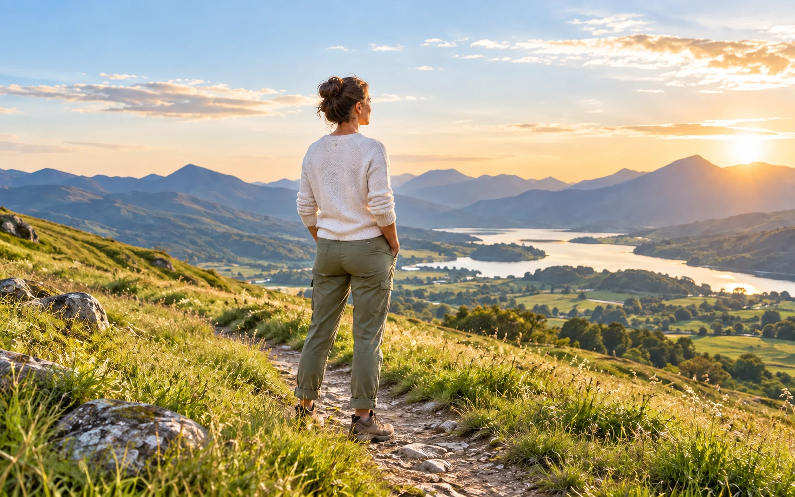 A person standing confidently on a sunlit hillside overlooking an open mountain landscape